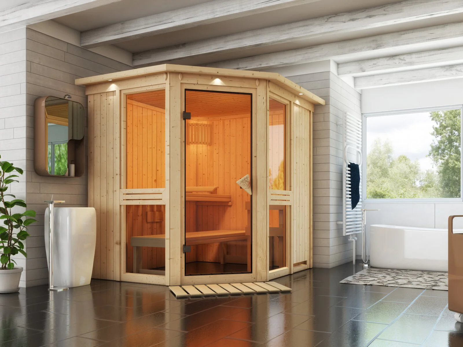 Amelia 1 - Karibu Sauna, inkl. 9 kW Ofen ext. Steuerung Wifi HUUM - mit Dachkranz -