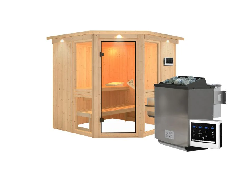 Amelia 2 - Karibu Sauna, inkl. 9 kW Bioofen ext. Steuerung - mit Dachkranz - - Image 2