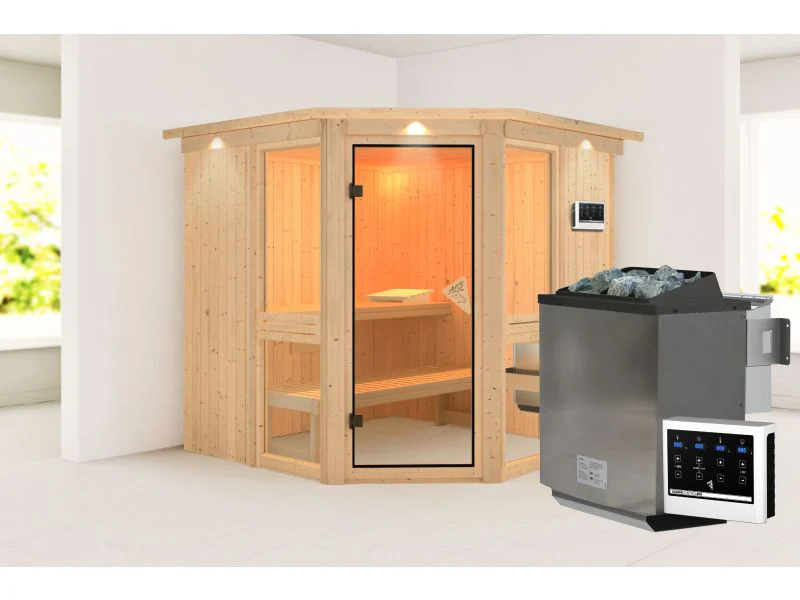 Amelia 2 - Karibu Sauna, inkl. 9 kW Bioofen ext. Steuerung - mit Dachkranz - - Image 4