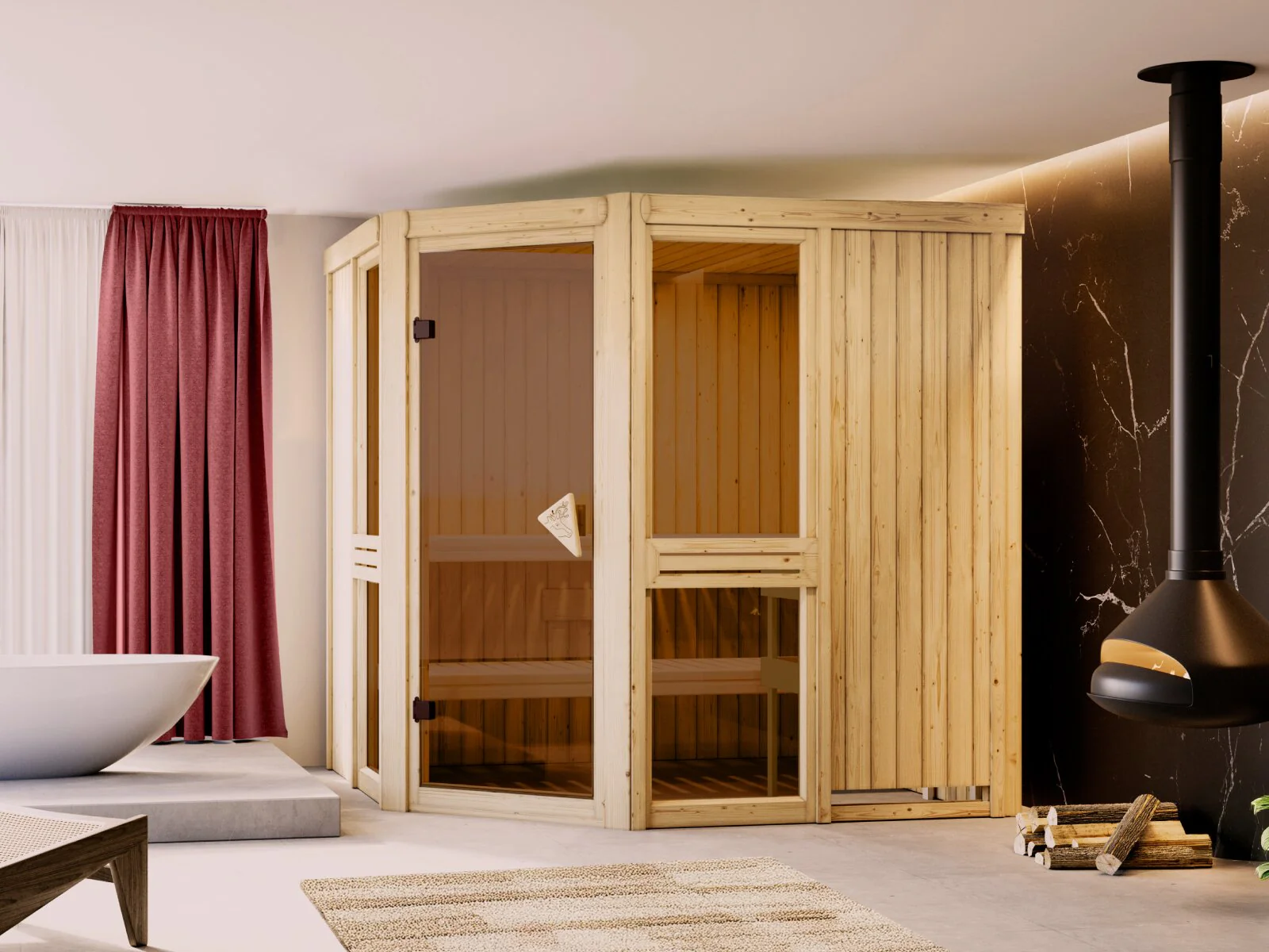 Amelia 2 - Karibu Sauna, inkl. 9 kW Bioofen mit ext. Steuerung Wifi HUUM - ohne Dachkranz -
