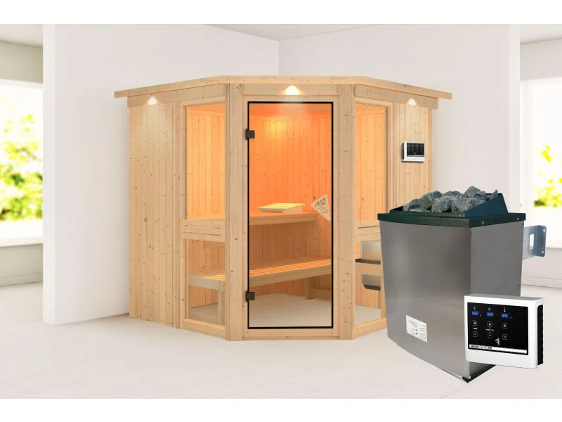 Amelia 2 - Karibu Sauna, inkl. 9 kW Ofen ext. Steuerung - mit Dachkranz - - Image 2