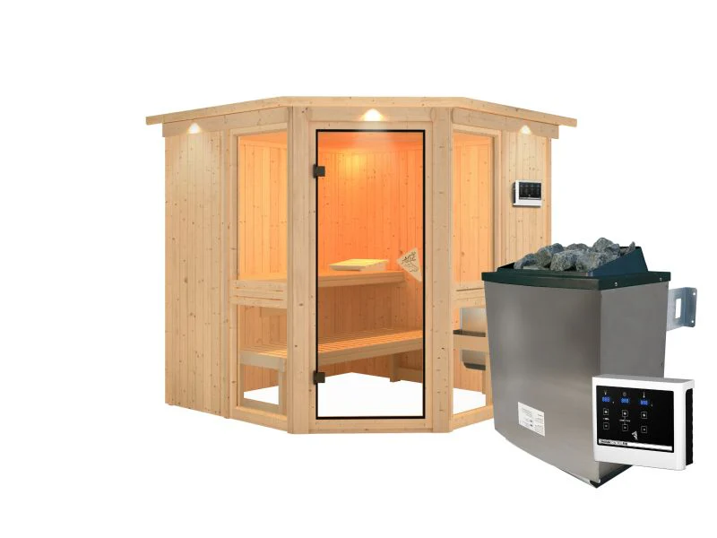 Amelia 2 - Karibu Sauna, inkl. 9 kW Ofen ext. Steuerung - mit Dachkranz - - Image 3