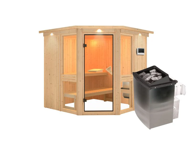 Amelia 2 - Karibu Sauna, inkl. 9 kW Ofen integr. Steuerung - mit Dachkranz - - Image 3