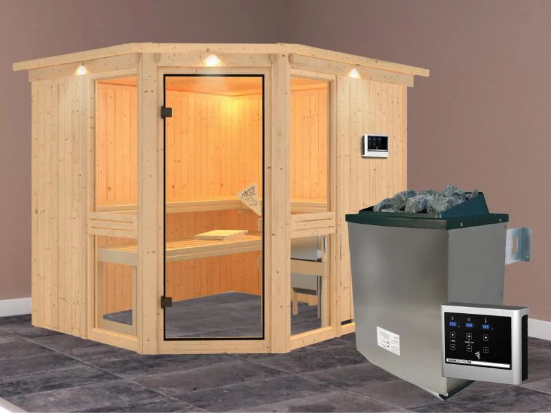 Amelia 3 - Karibu Sauna inkl. 9-kW-Ofen - mit Dachkranz - - Image 2