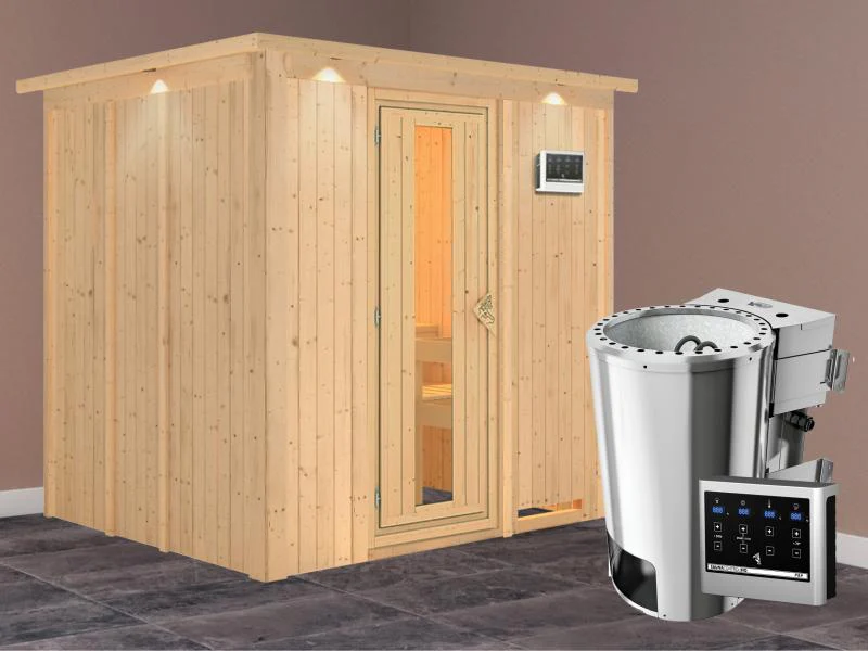 Daria - Karibu Sauna Plug & Play 3,6 kW Bio Ofen, ext. Steuerung - mit Dachkranz - Energiespartür - Image 2