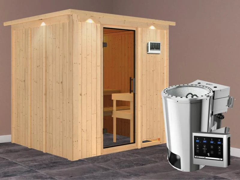 Daria - Karibu Sauna Plug & Play 3,6 kW Bio Ofen, ext. Steuerung - mit Dachkranz - Moderne Saunatür - Image 2