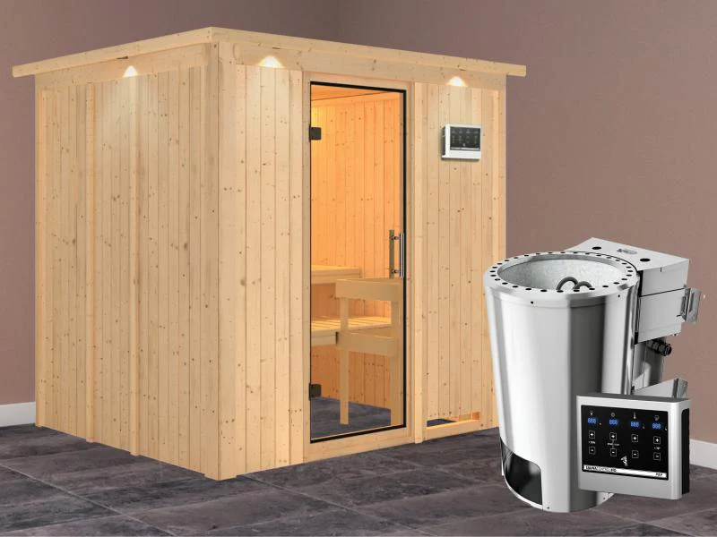 Daria - Karibu Sauna Plug & Play 3,6 kW Bio Ofen, ext. Steuerung - ohne Dachkranz - Klarglas Ganzgla - Image 2