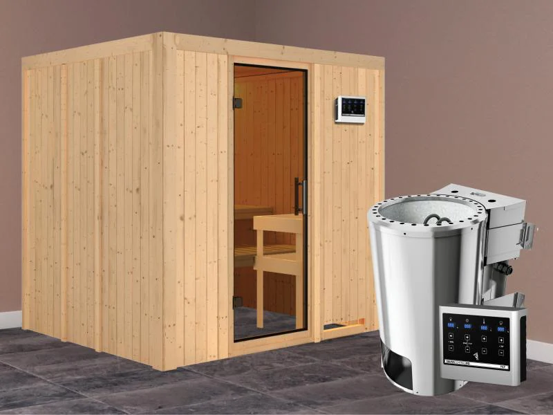 Daria - Karibu Sauna Plug & Play 3,6 kW Bio Ofen, ext. Steuerung - ohne Dachkranz - Moderne Saunatür - Image 2