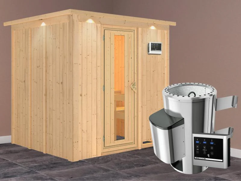 Daria - Karibu Sauna Plug & Play 3,6 kW Ofen, ext. Steuerung - mit Dachkranz - Energiespartür - Image 2