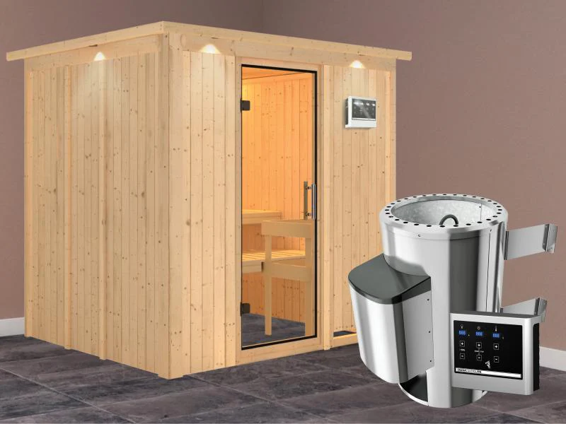 Daria - Karibu Sauna Plug & Play 3,6 kW Ofen, ext. Steuerung - mit Dachkranz - Klarglas Ganzglastür - Image 2