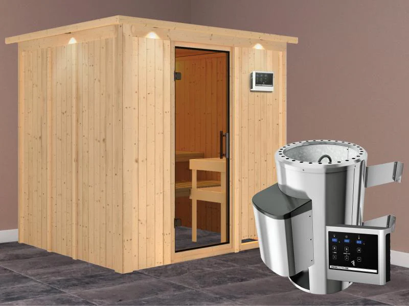 Daria - Karibu Sauna Plug & Play 3,6 kW Ofen, ext. Steuerung - mit Dachkranz - Moderne Saunatür - Image 2