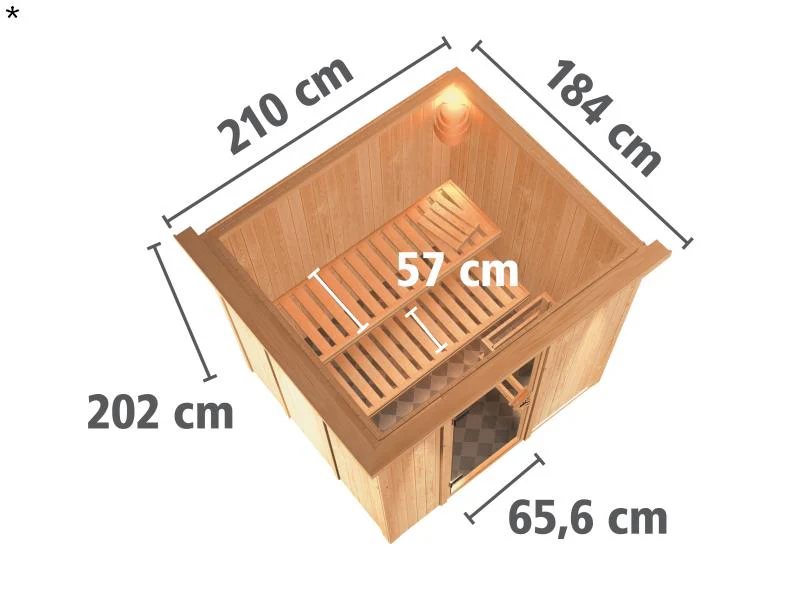 Daria - Karibu Sauna Plug & Play 3,6 kW Ofen, ext. Steuerung - mit Dachkranz - Moderne Saunatür - Image 3