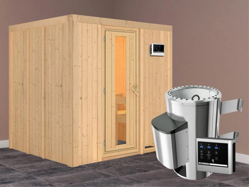 Daria - Karibu Sauna Plug & Play 3,6 kW Ofen, ext. Steuerung - ohne Dachkranz - Energiespartür - Image 2