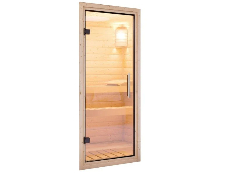 Daria - Karibu Sauna Plug & Play 3,6 kW Ofen, ext. Steuerung - ohne Dachkranz - Klarglas Ganzglastür - Image 4