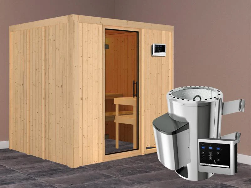 Daria - Karibu Sauna Plug & Play 3,6 kW Ofen, ext. Steuerung - ohne Dachkranz - Moderne Saunatür - Image 2