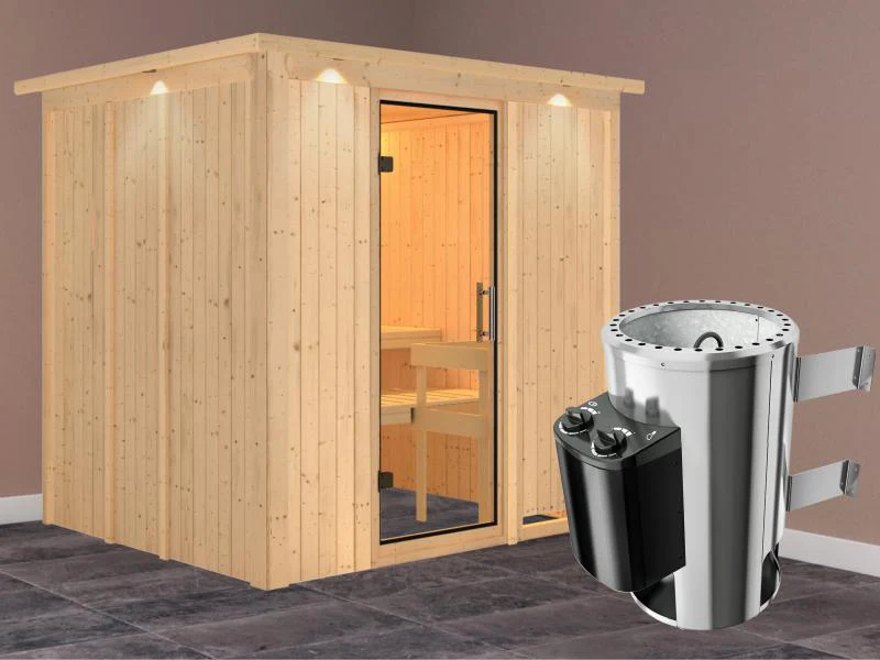 Daria - Karibu Sauna Plug & Play 3,6 kW Ofen, int. Steuerung - mit Dachkranz - Klarglas Ganzglastür - Image 2