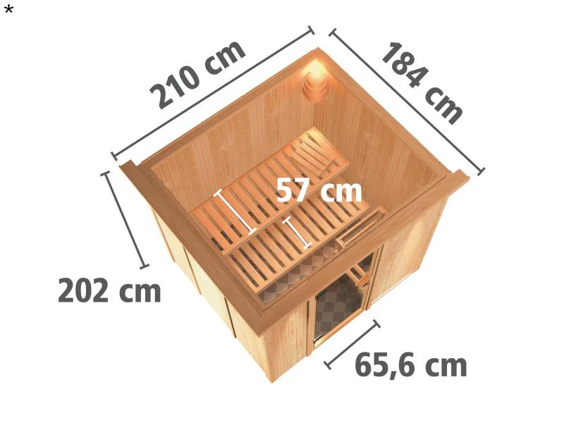 Daria - Karibu Sauna Plug & Play 3,6 kW Ofen, int. Steuerung - mit Dachkranz - Klarglas Ganzglastür - Image 3