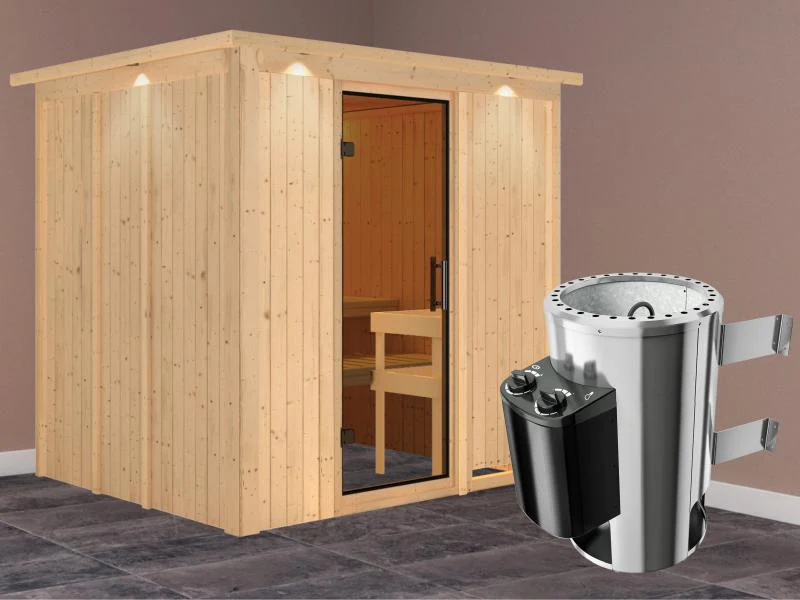Daria - Karibu Sauna Plug & Play 3,6 kW Ofen, int. Steuerung - mit Dachkranz - Moderne Saunatür - Image 2