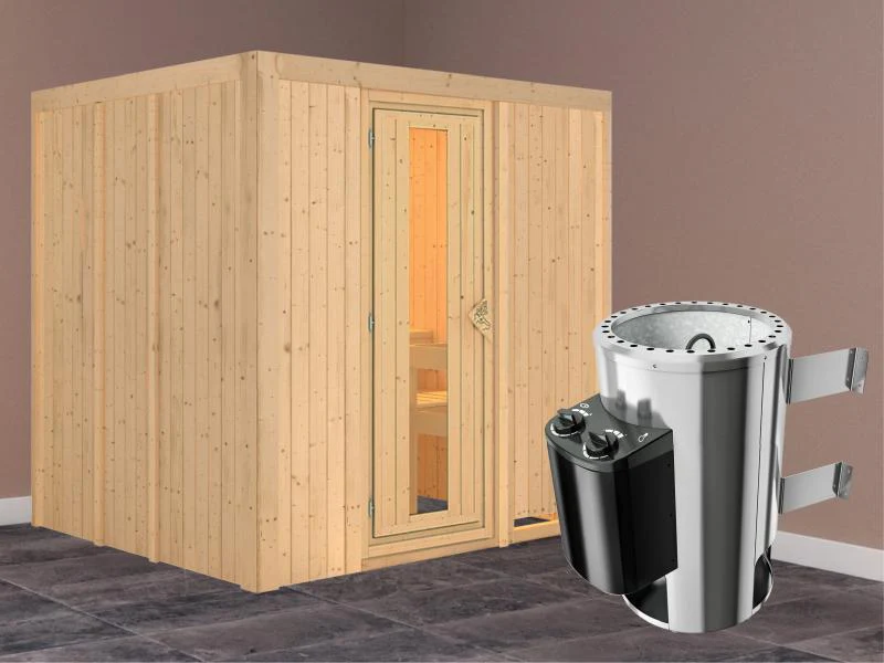 Daria - Karibu Sauna Plug & Play 3,6 kW Ofen, int. Steuerung - ohne Dachkranz - Energiespartür - Image 2