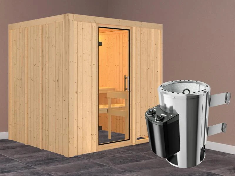 Daria - Karibu Sauna Plug & Play 3,6 kW Ofen, int. Steuerung - ohne Dachkranz - Klarglas Ganzglastür - Image 2