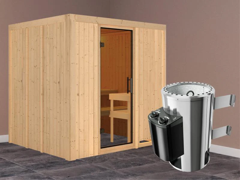 Daria - Karibu Sauna Plug & Play 3,6 kW Ofen, int. Steuerung - ohne Dachkranz - Moderne Saunatür - Image 2