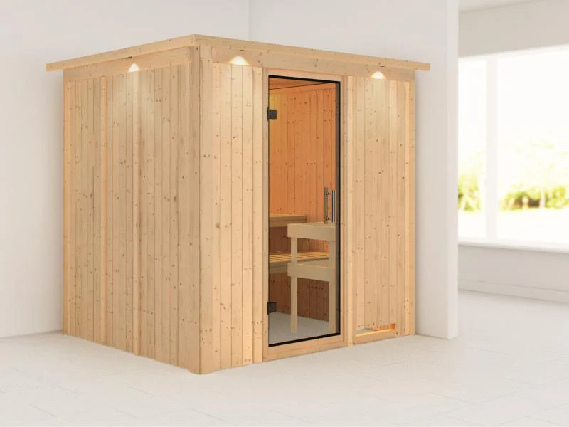 Daria - Karibu Sauna Plug & Play ohne Ofen - mit Dachkranz - Klarglas Ganzglastür - Image 4