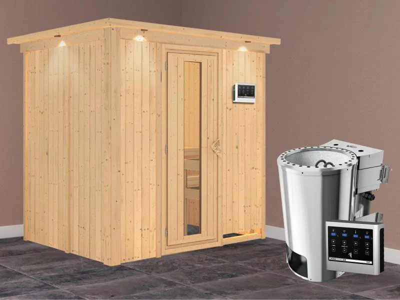 Fanja - Karibu Sauna Plug & Play 3,6 kW Bio Ofen, ext. Steuerung - mit Dachkranz - Energiespartür - Image 2