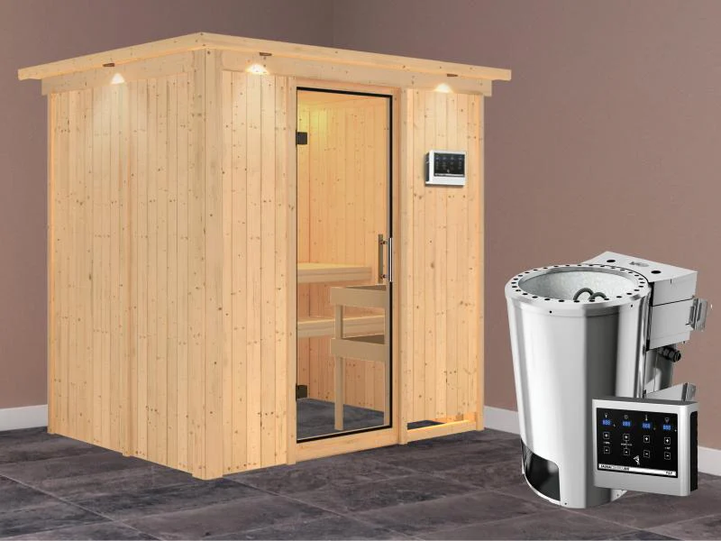 Fanja - Karibu Sauna Plug & Play 3,6 kW Bio Ofen, ext. Steuerung - mit Dachkranz - Klarglas Ganzglas - Image 2