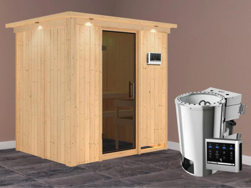 Fanja - Karibu Sauna Plug & Play 3,6 kW Bio Ofen, ext. Steuerung - mit Dachkranz - Moderne Saunatür - Image 2