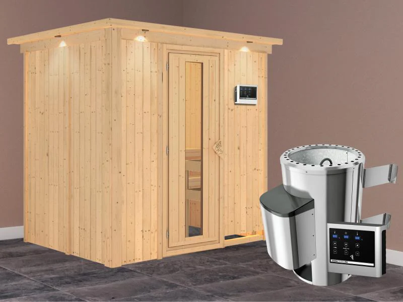 Fanja - Karibu Sauna Plug & Play 3,6 kW Ofen, ext. Steuerung - mit Dachkranz - Energiespartür - Image 2