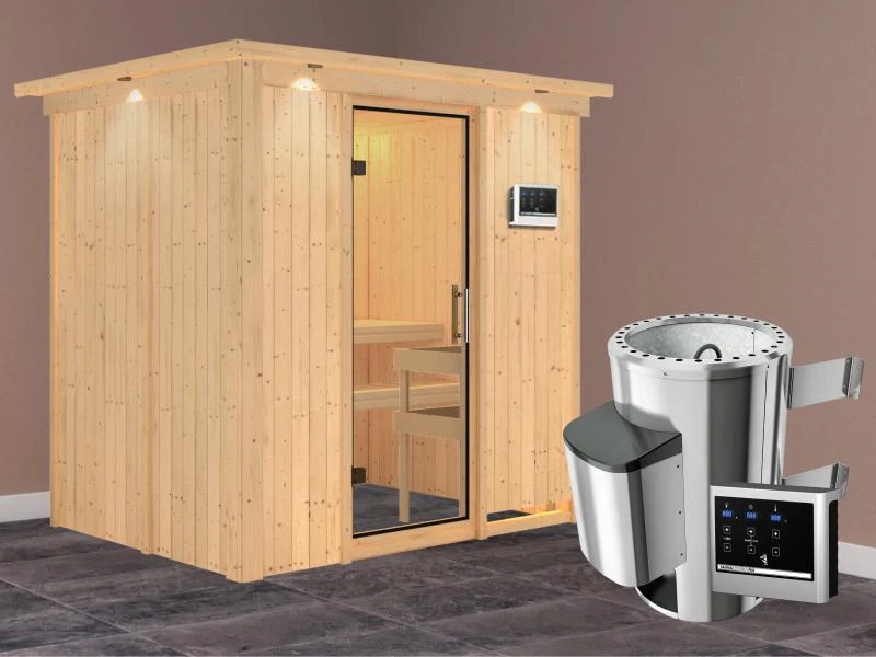 Fanja - Karibu Sauna Plug & Play 3,6 kW Ofen, ext. Steuerung - mit Dachkranz - Klarglas Ganzglastür - Image 2