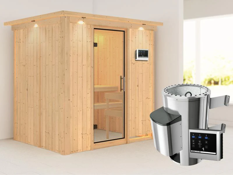 Fanja - Karibu Sauna Plug & Play 3,6 kW Ofen, ext. Steuerung - mit Dachkranz - Klarglas Ganzglastür - Image 4