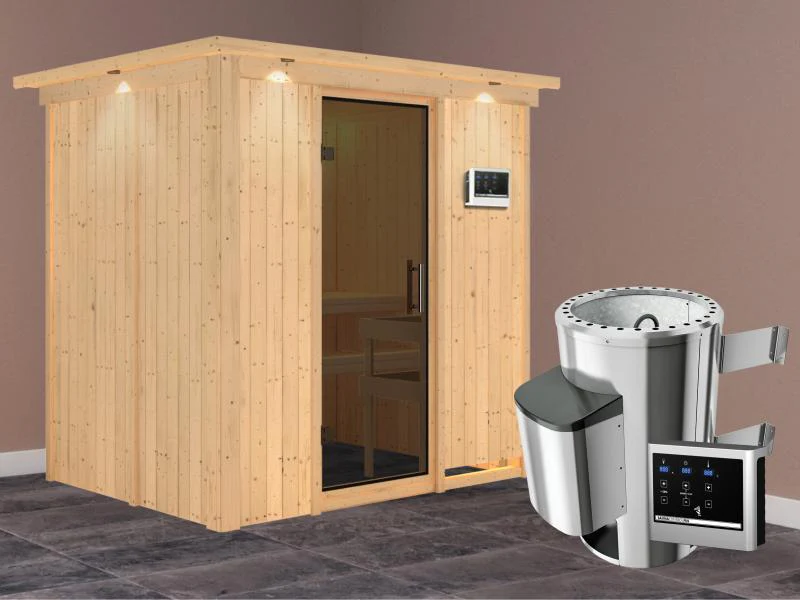 Fanja - Karibu Sauna Plug & Play 3,6 kW Ofen, ext. Steuerung - mit Dachkranz - Moderne Saunatür - Image 2