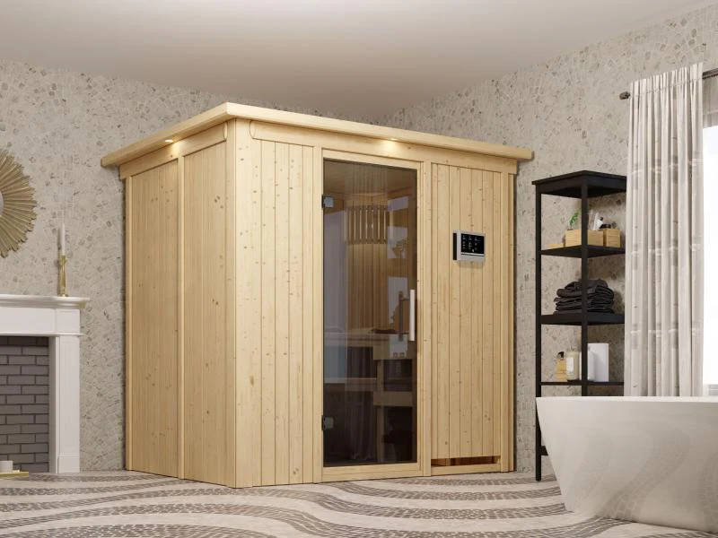 Fanja - Karibu Sauna Plug & Play 3,6 kW Ofen, ext. Steuerung - mit Dachkranz - Moderne Saunatür - Image 4