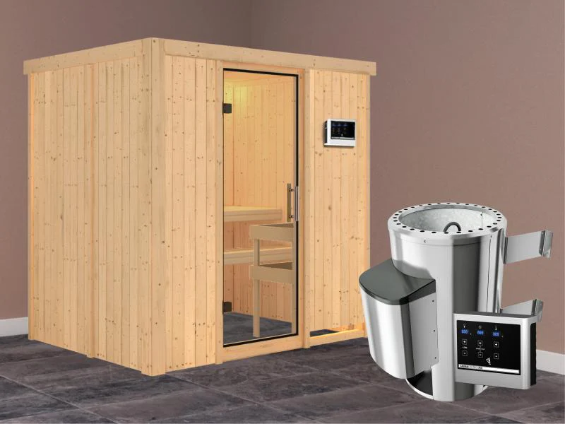 Fanja - Karibu Sauna Plug & Play 3,6 kW Ofen, ext. Steuerung - ohne Dachkranz - Klarglas Ganzglastür - Image 2