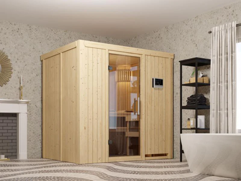 Fanja - Karibu Sauna Plug & Play 3,6 kW Ofen, ext. Steuerung - ohne Dachkranz - Klarglas Ganzglastür - Image 4