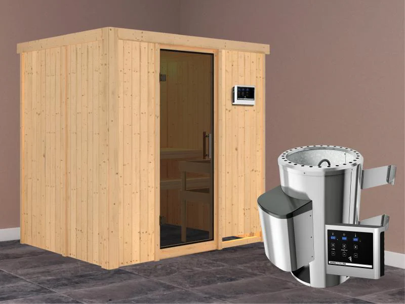 Fanja - Karibu Sauna Plug & Play 3,6 kW Ofen, ext. Steuerung - ohne Dachkranz - Moderne Saunatür - Image 2