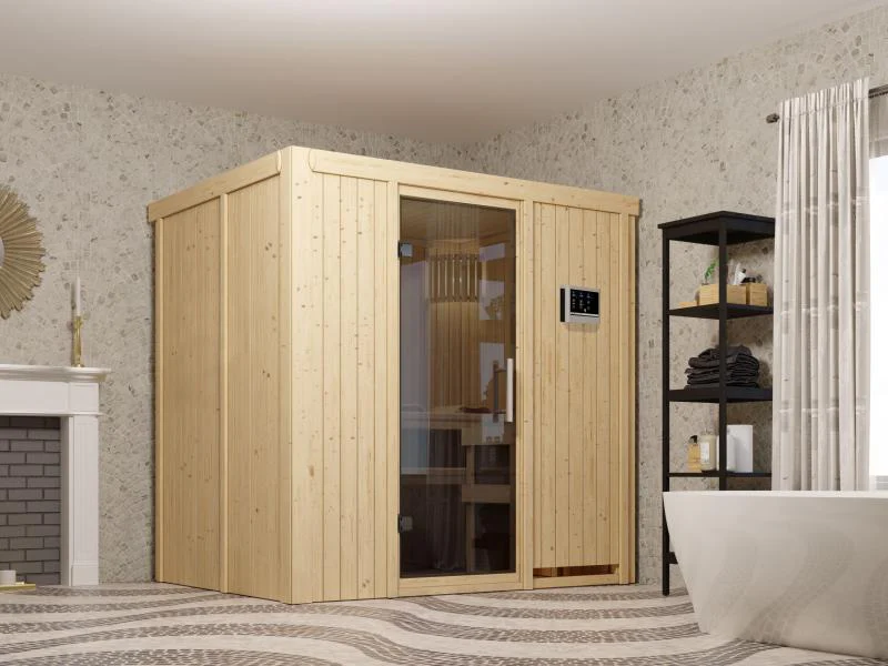 Fanja - Karibu Sauna Plug & Play 3,6 kW Ofen, ext. Steuerung - ohne Dachkranz - Moderne Saunatür - Image 4