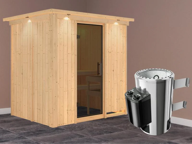 Fanja - Karibu Sauna Plug & Play 3,6 kW Ofen, int. Steuerung - mit Dachkranz - Moderne Saunatür - Image 2