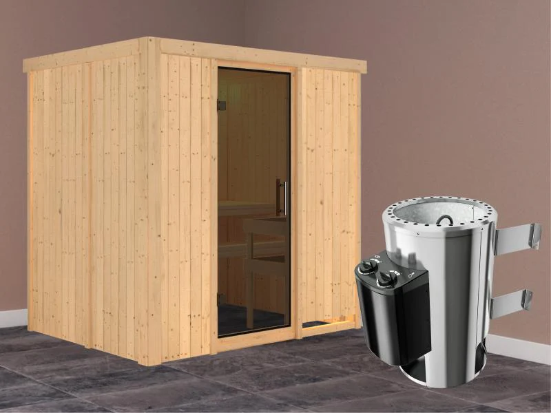 Fanja - Karibu Sauna Plug & Play 3,6 kW Ofen, int. Steuerung - ohne Dachkranz - Moderne Saunatür - Image 2