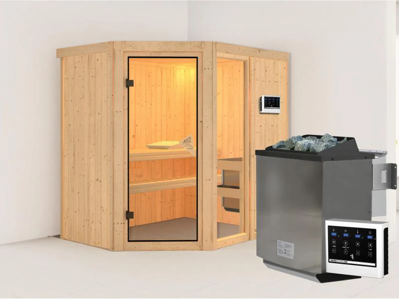 Fiona 1 - Karibu Sauna inkl. 9-kW-Bioofen - ohne Dachkranz -