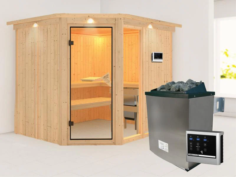 Fiona 3 - Karibu Sauna inkl. 9-kW-Ofen - mit Dachkranz -