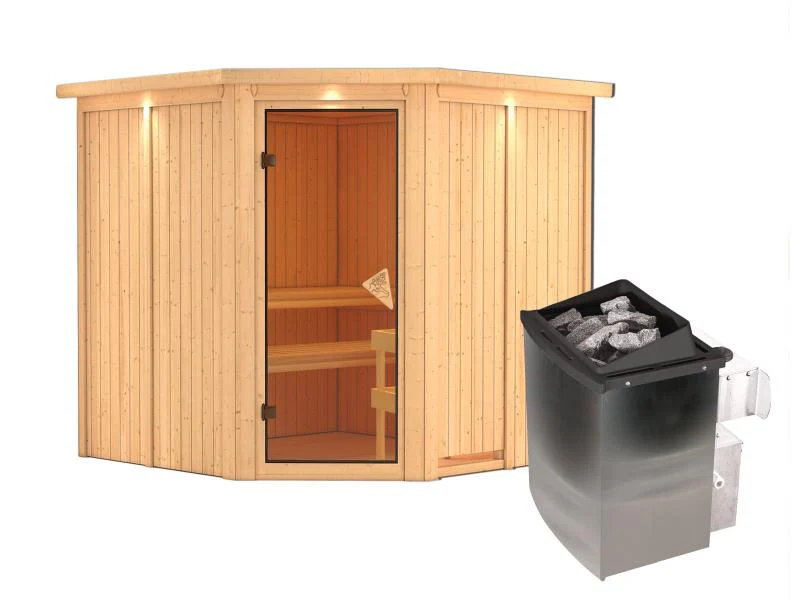 Karibu Element Sauna Jarin inkl. 9-kW-Ofen - mit Dachkranz - - Image 2