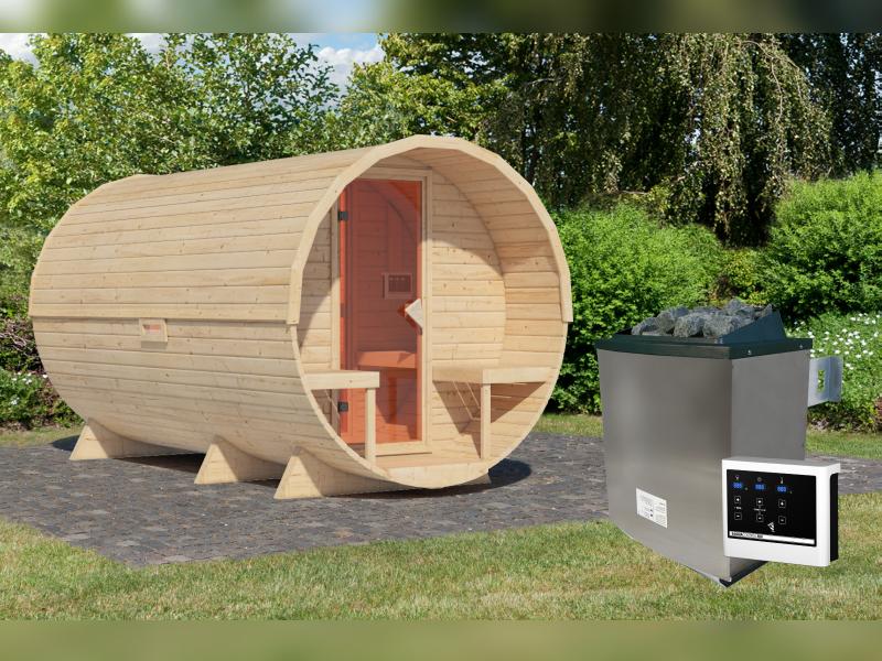 Karibu Fasssauna 3 inkl. 9 kW Ofen externe Steuerung - 38 mm mit Vorraum - Image 2