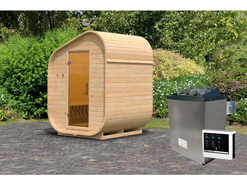 Karibu Fasssauna  Asymmetrisch 1, inkl. 9 kW Ofen ext. Steuerung - Image 2