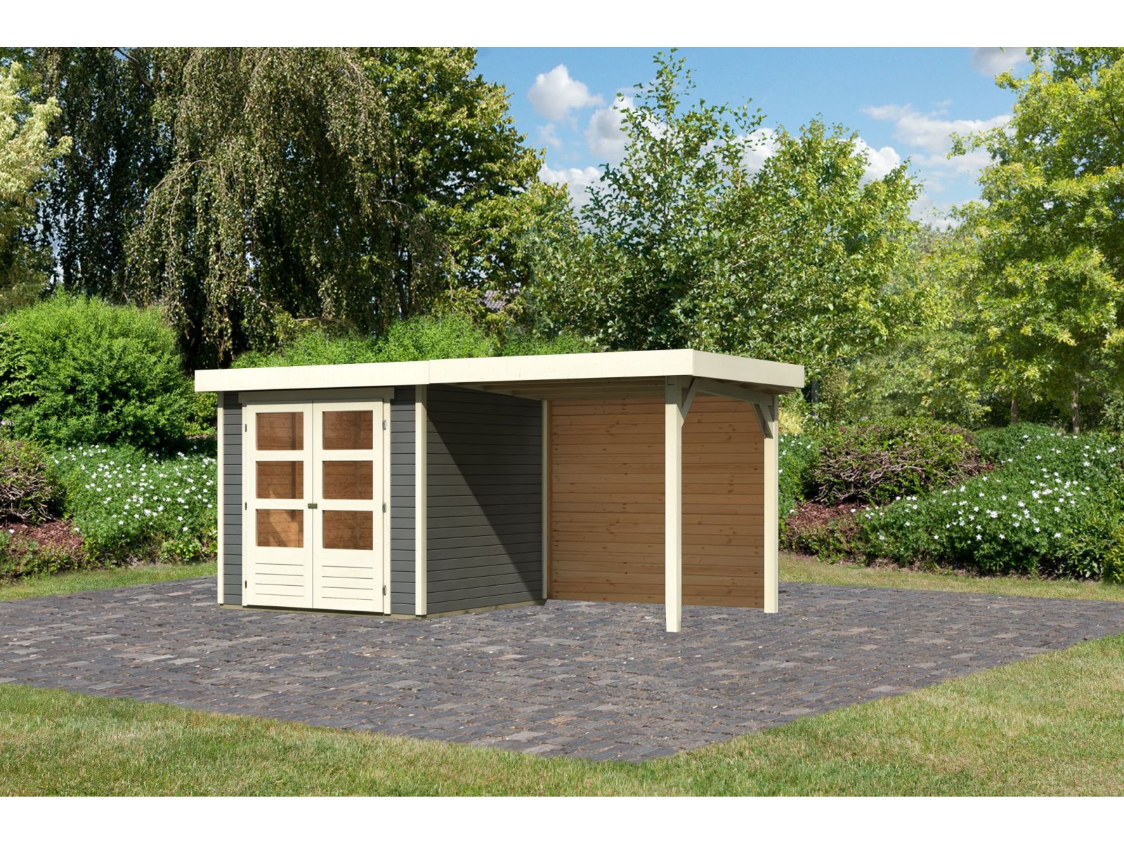 Karibu Gartenhaus Askola 2 mit Anbaudach 2,40 m, Rückwand terragrau