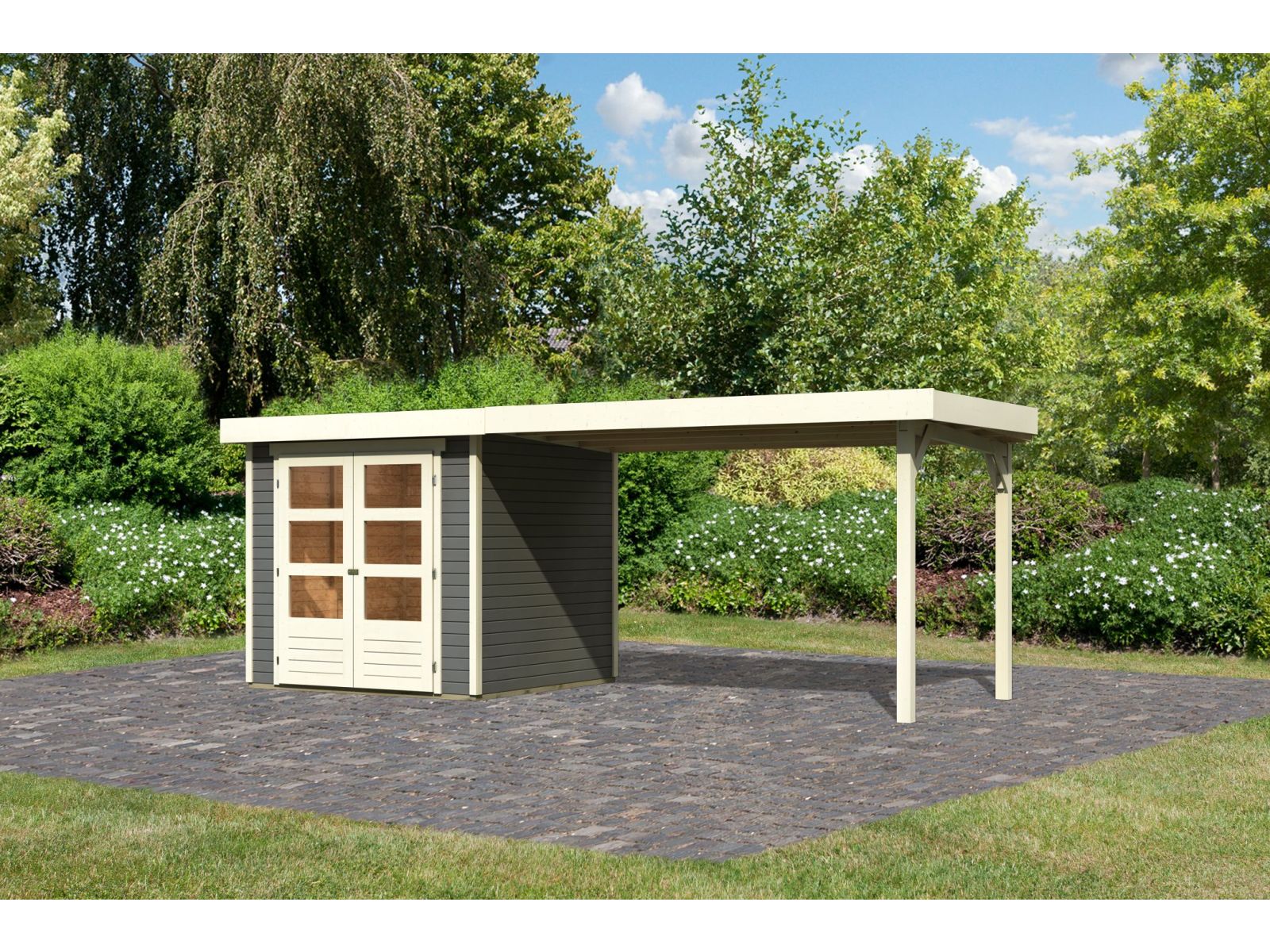 Karibu Gartenhaus Askola 2 terragrau mit Anbaudach 2,80 Meter - Image 2