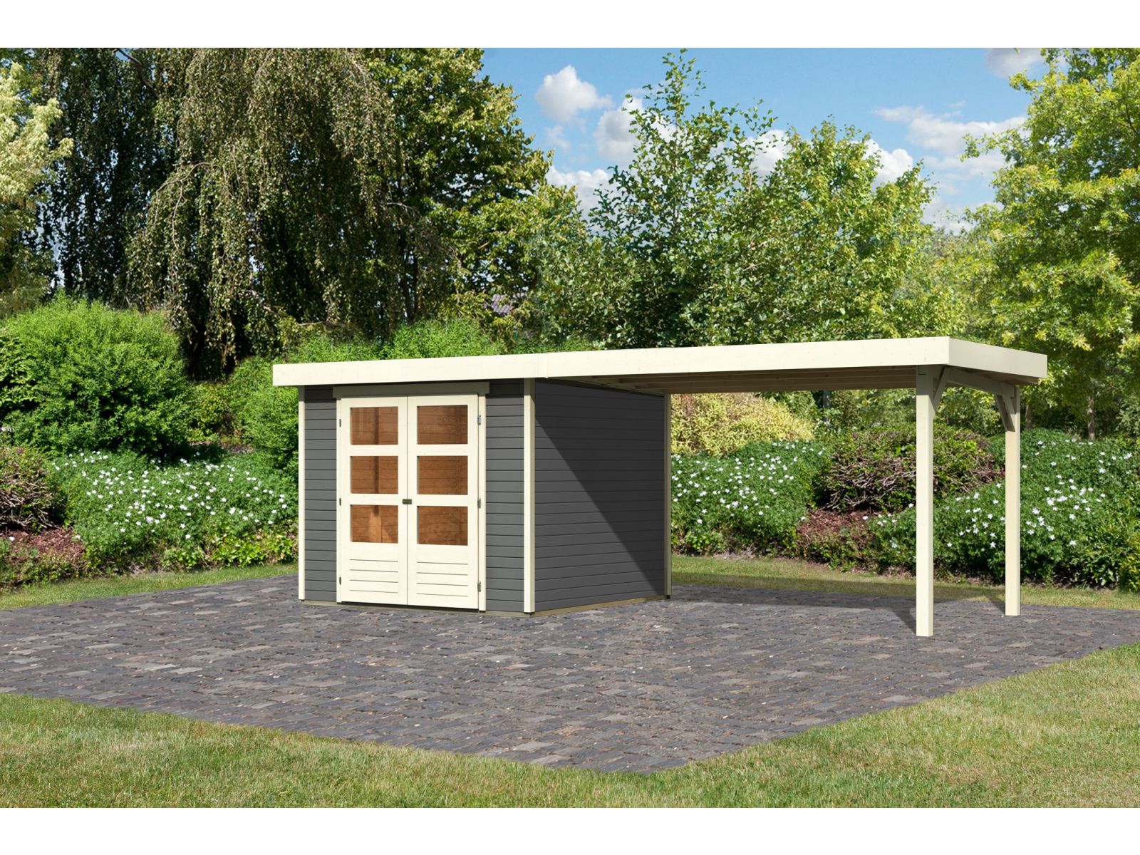 Karibu Gartenhaus Askola 3,5 mit Anbaudach 2,8 m in terragrau