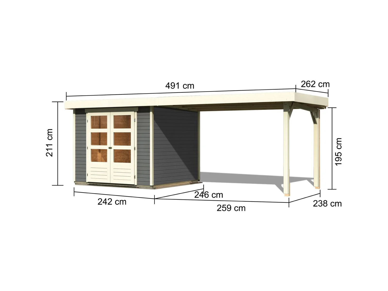 Karibu Gartenhaus Askola 3,5 mit Anbaudach 2,8 m in terragrau - Image 3