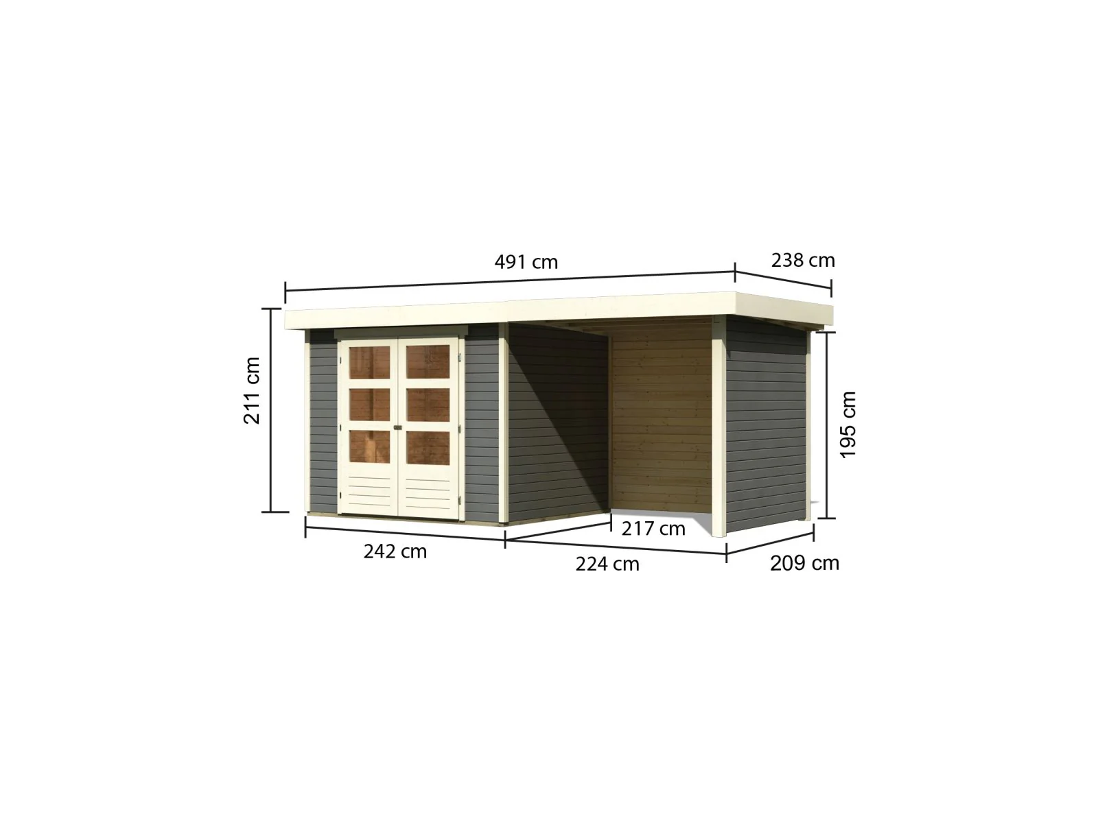 Karibu Gartenhaus Askola 3 in terragrau mit Anbaudach 2,40 Meter, Seiten- und Rückwand - Image 2